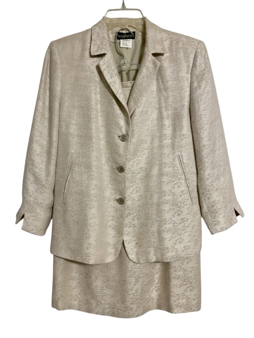 Vintage Champagne Floral Jacquard Linen Skirt Suit Set Blazer Pencil Skirt 12